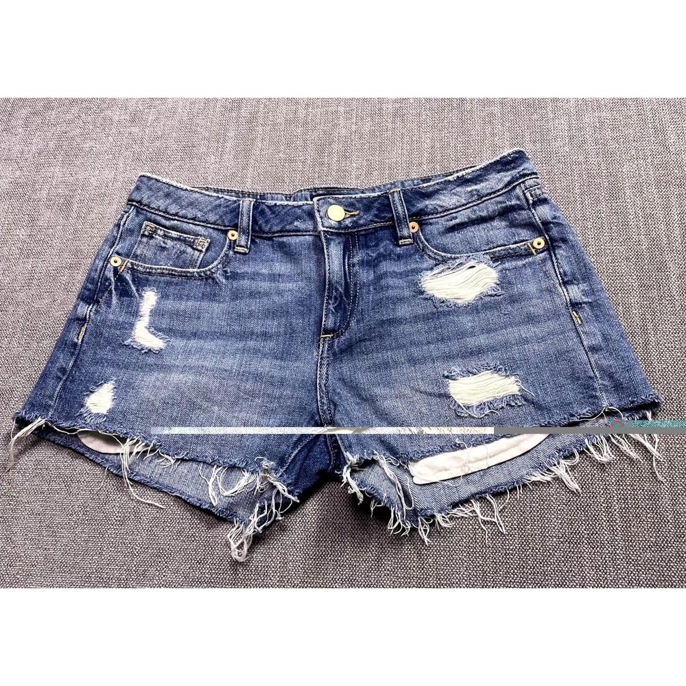 Miss Me Cut Off Shorts Womens 27 Blue Denim Logo Medium Wash Casual Distressed